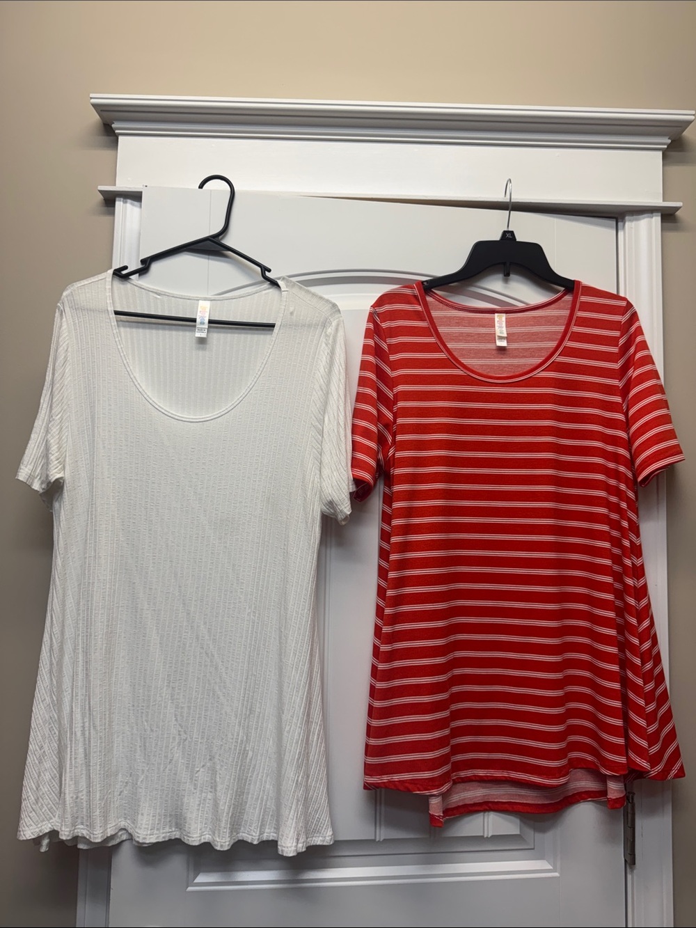 LuLaRoe lot of 2 Perfect T Orange with white stripes and white ribbed size L